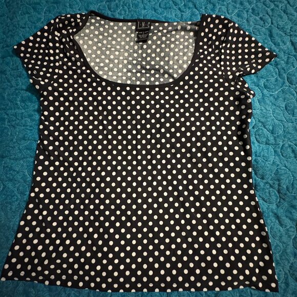 I.N.C International Concepts White Polka Dots on Black Short Sleeve Women's Sz.L - Picture 1 of 5